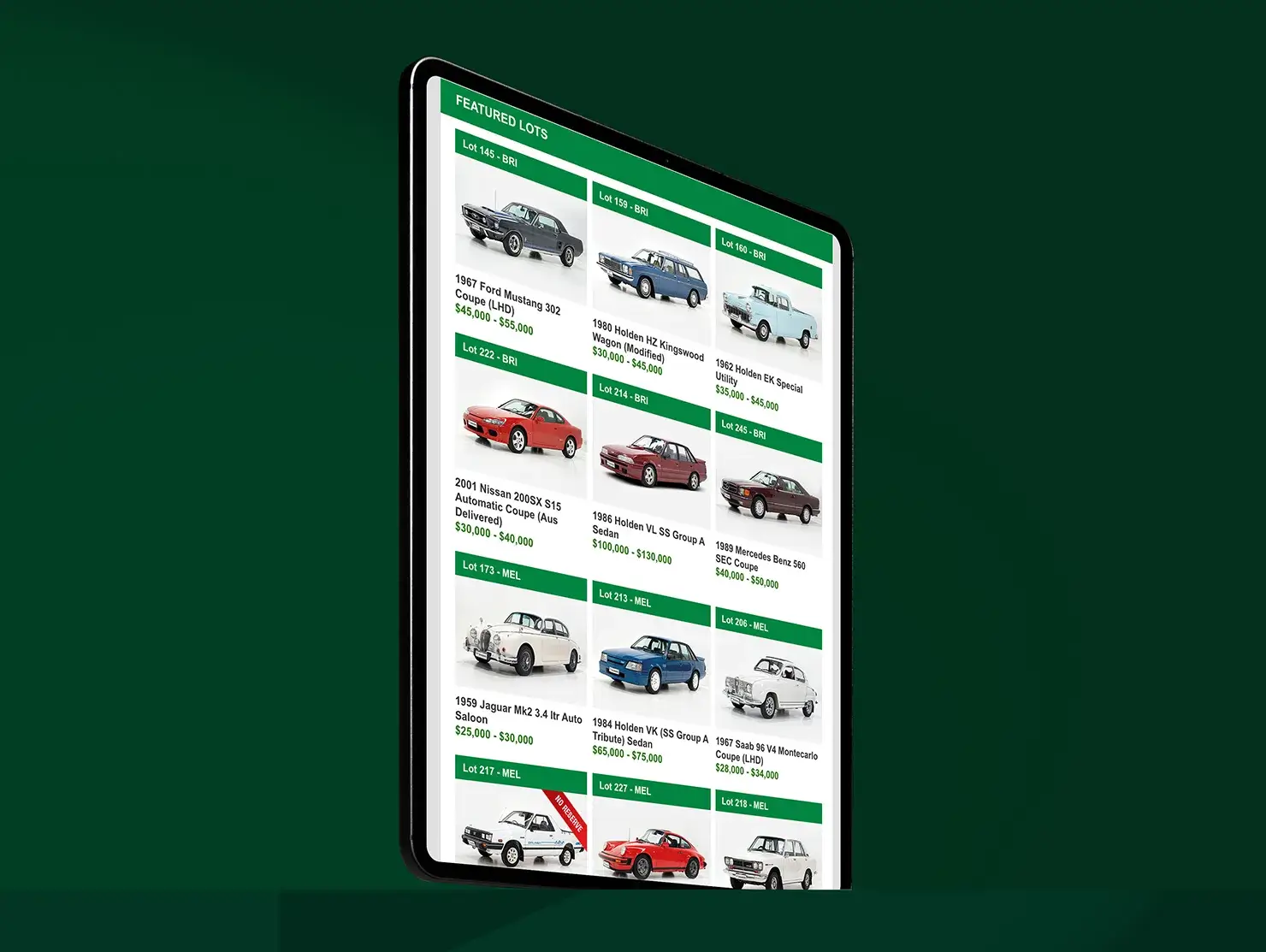 Shannons Auctions eDM design displayed on a tablet screen showing featured classic car lots with images and estimated prices.