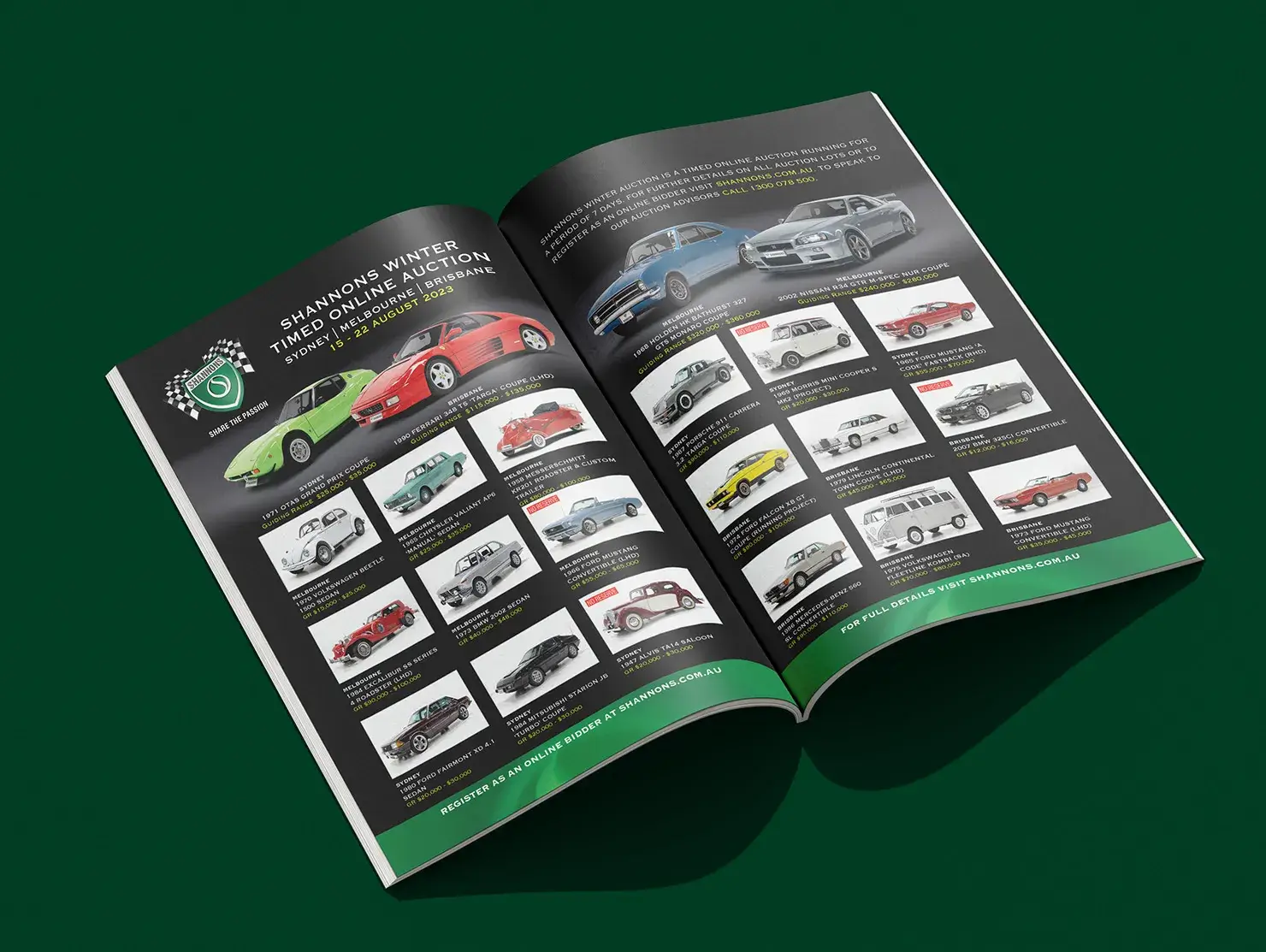 Shannons Auctions magazine spread showcasing a range of classic vehicles with lot numbers, car details, and price guides.