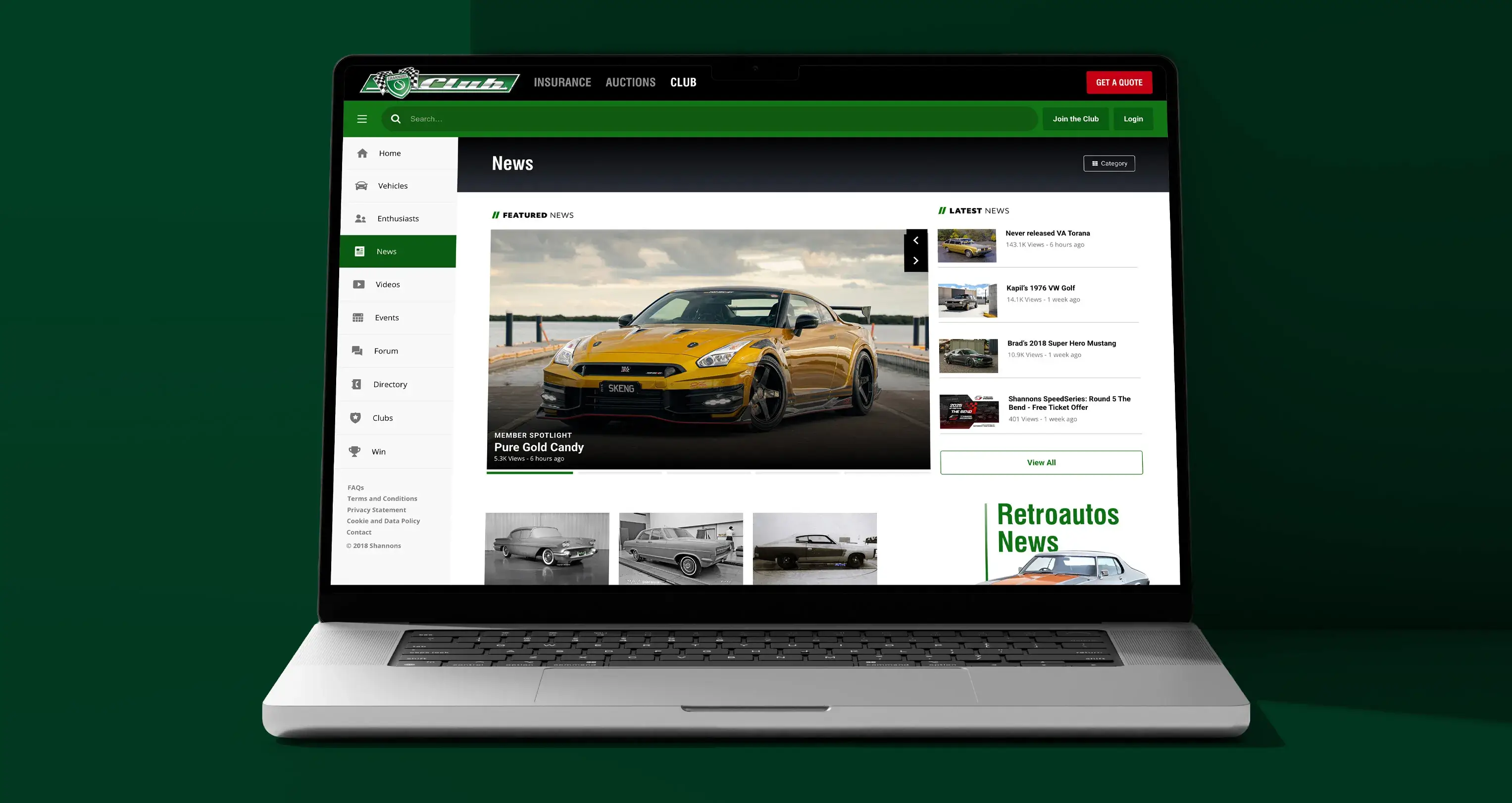 Laptop screen showing the Shannons Club News section with a feature article on a gold Nissan GT-R and links to other latest motoring news stories.