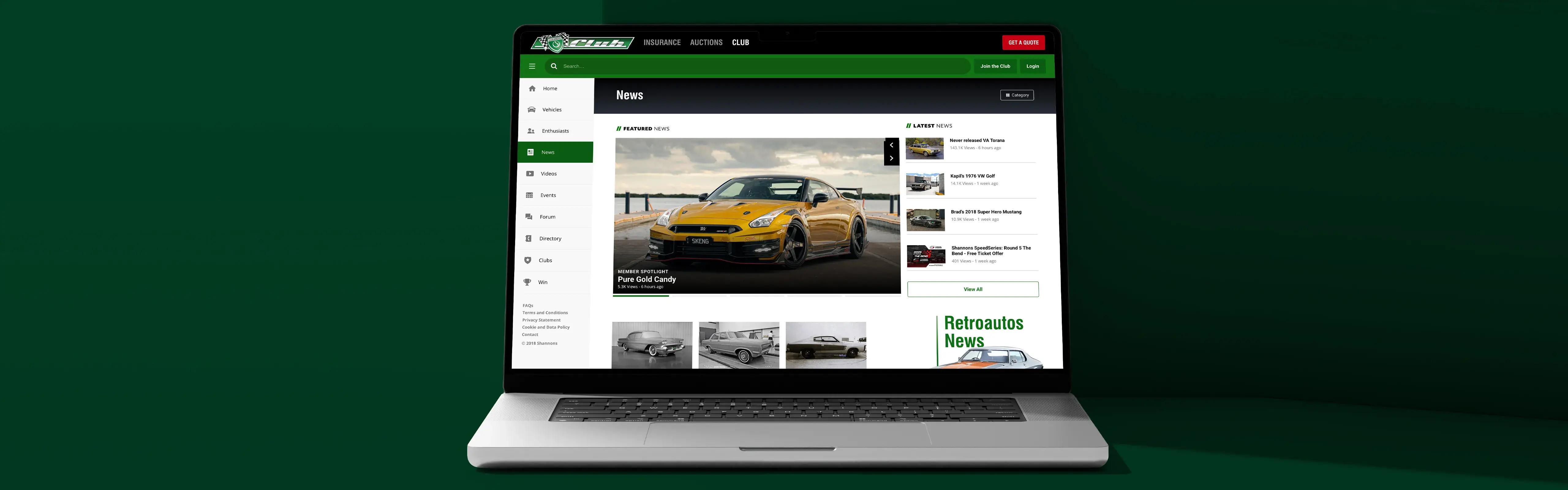 Laptop screen showing the Shannons Club News section with a feature article on a gold Nissan GT-R and links to other latest motoring news stories.