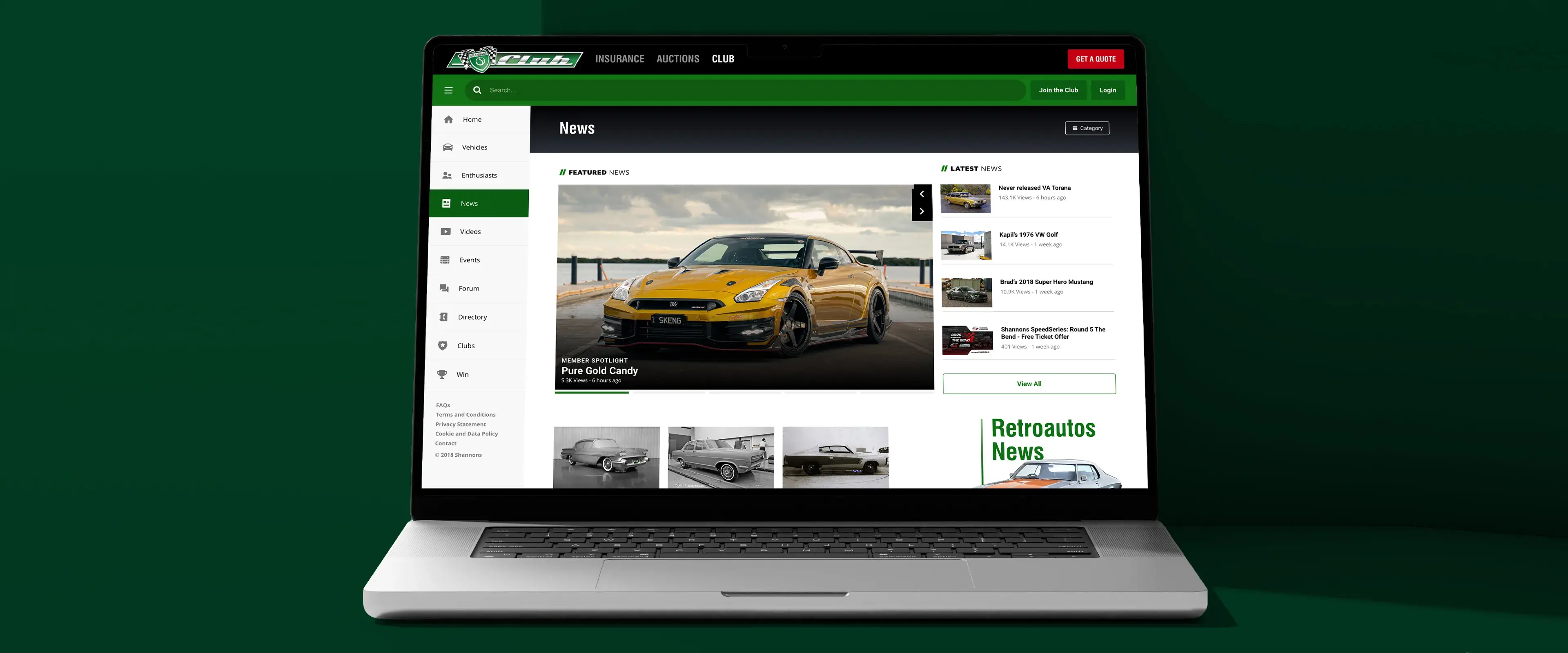 Laptop screen showing the Shannons Club News section with a feature article on a gold Nissan GT-R and links to other latest motoring news stories.