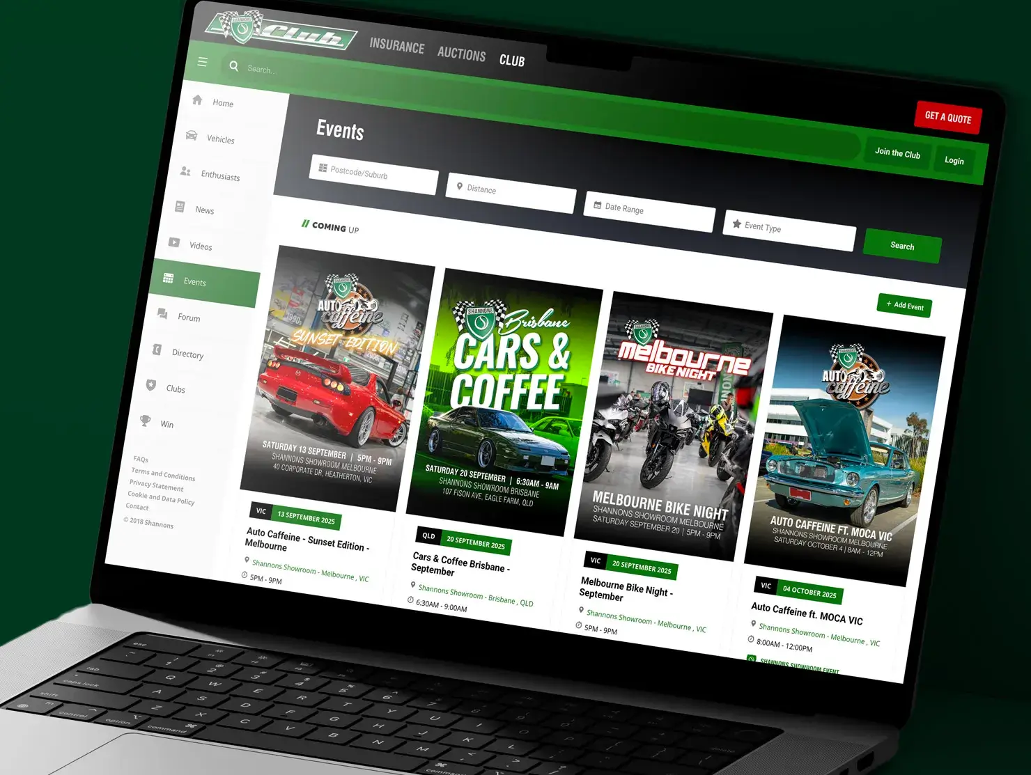 Laptop screen displaying the Shannons Club Events page featuring upcoming motoring events including Auto Caffeine, Cars & Coffee, and Melbourne Bike Night.