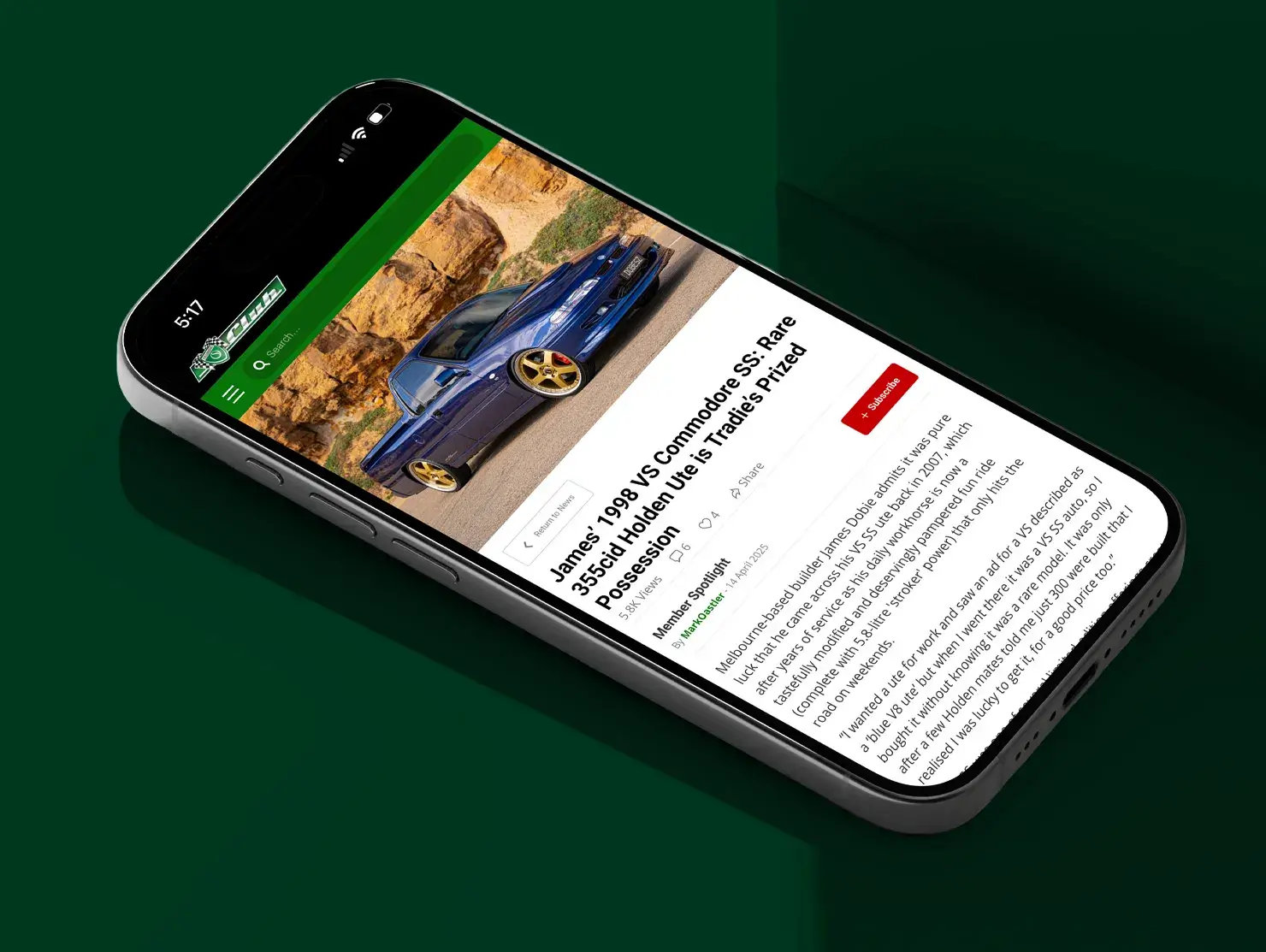 Mobile phone screen showing a Shannons Club Member Spotlight article about a blue Holden VS Commodore SS, with text and engagement icons.