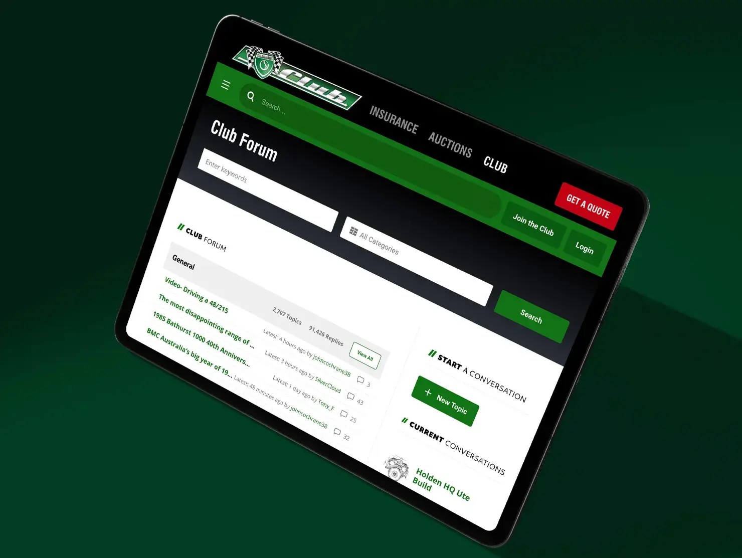 Tablet screen displaying the Shannons Club Forum page with member discussions, topics, and current conversations.
