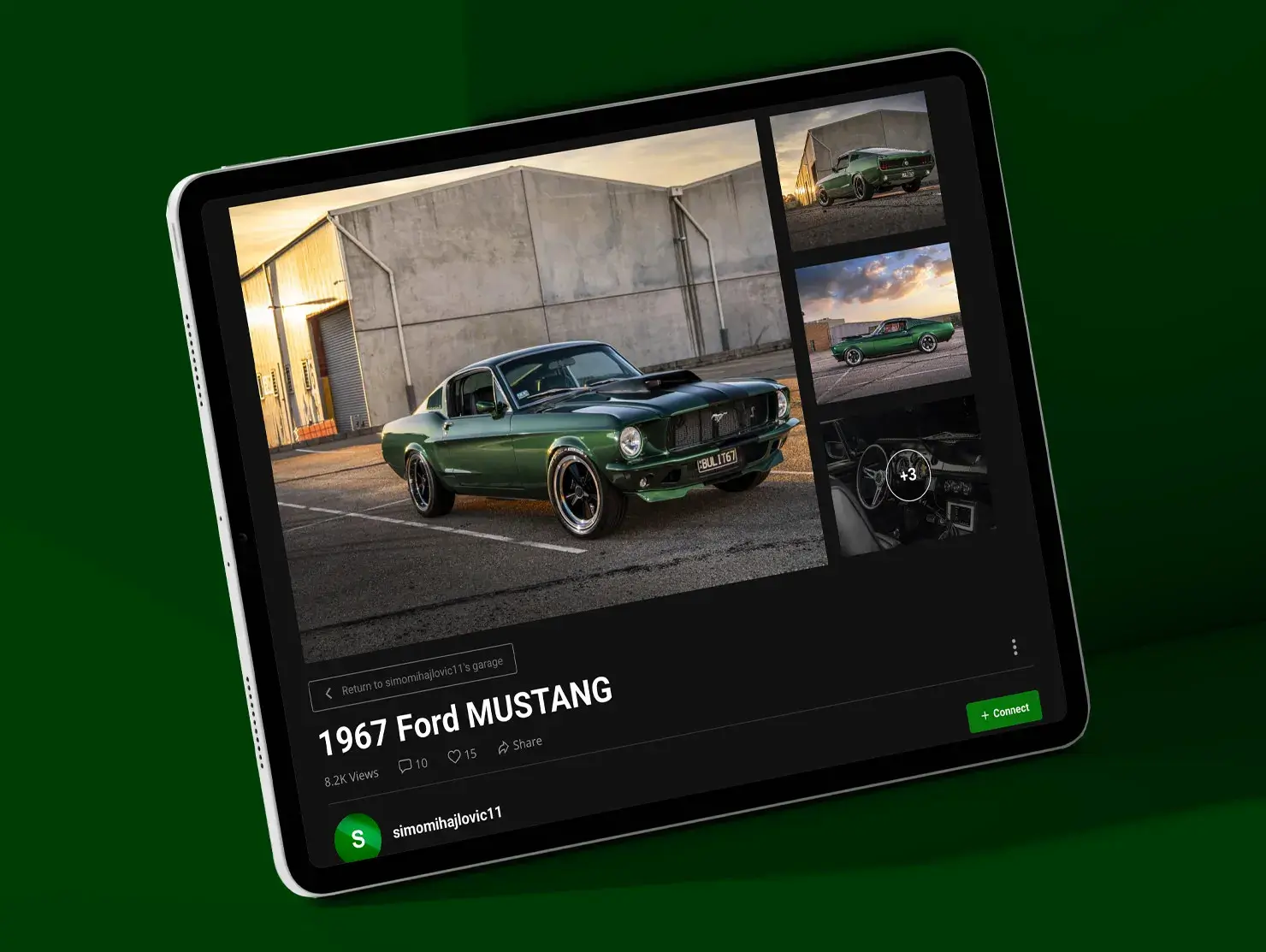 Tablet screen showing a Shannons Club member garage profile with photos and details of a 1967 Ford Mustang.
