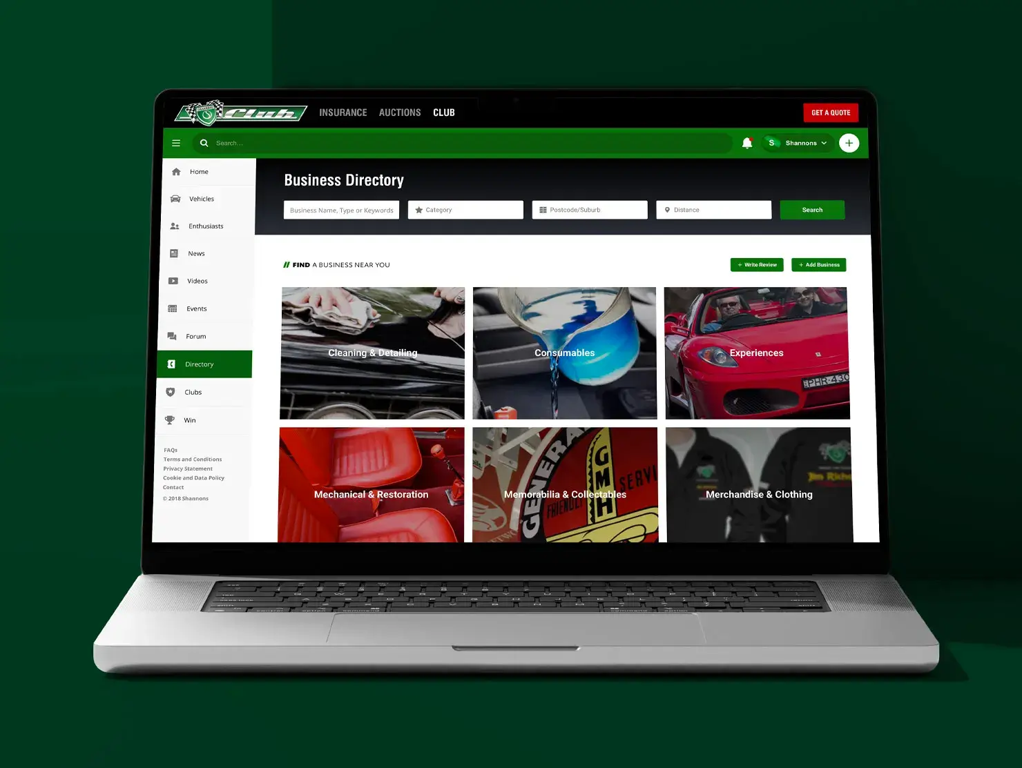 Laptop screen displaying the Shannons Club Business Directory with categories like Cleaning & Detailing, Mechanical & Restoration, Consumables, and Merchandise.