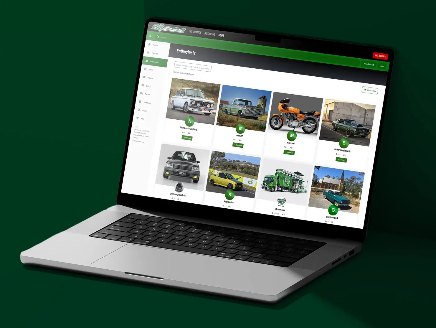 Laptop screen showing the Shannons Club Enthusiasts page with member profiles and photos of classic and performance vehicles.