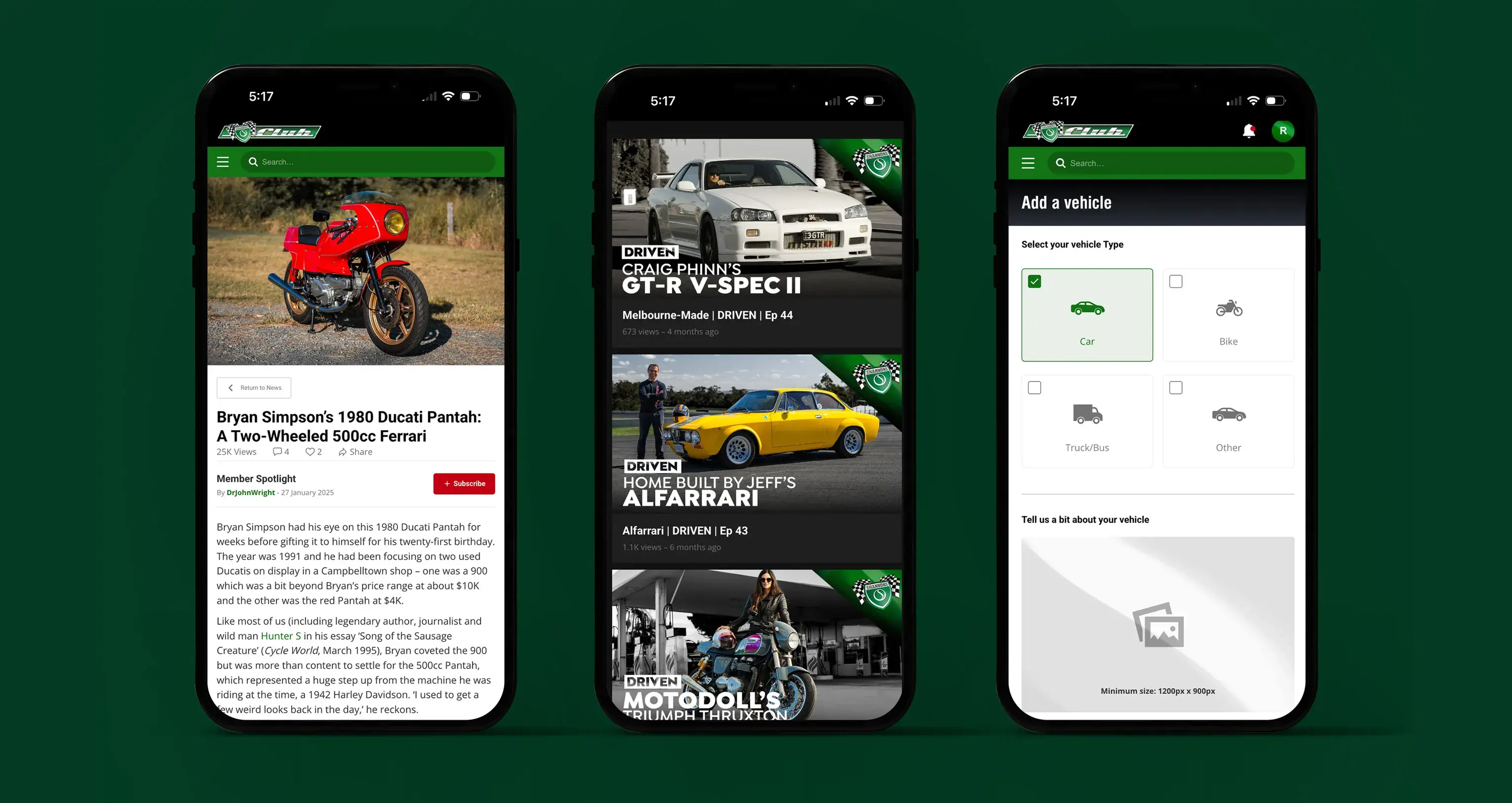 Three mobile phones displaying Shannons Club pages including a Ducati Pantah motorcycle article, DRIVEN vehicle features, and a vehicle upload form.