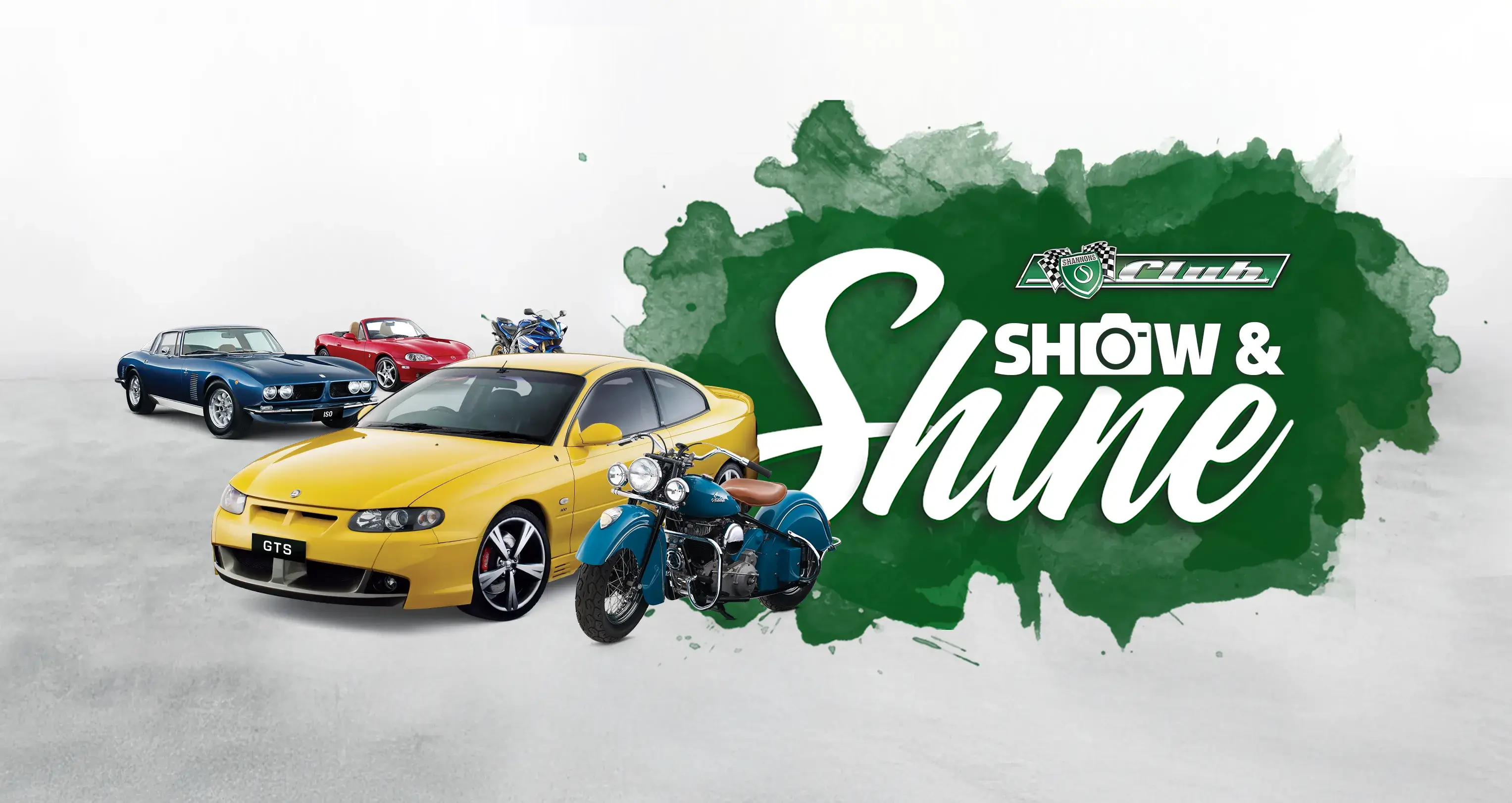 Shannons Club Online Show and Shine Competition artwork, featuring classic cars and a motorcycle alongside the campaign logo.