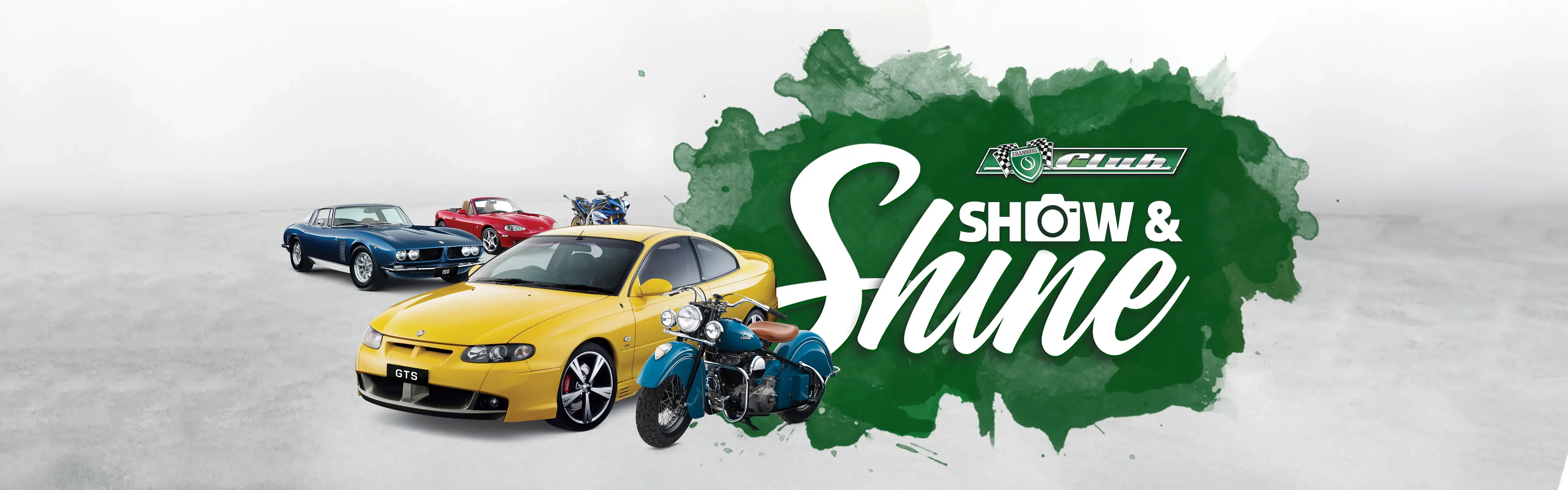 Shannons Club Online Show and Shine Competition artwork, featuring classic cars and a motorcycle alongside the campaign logo.