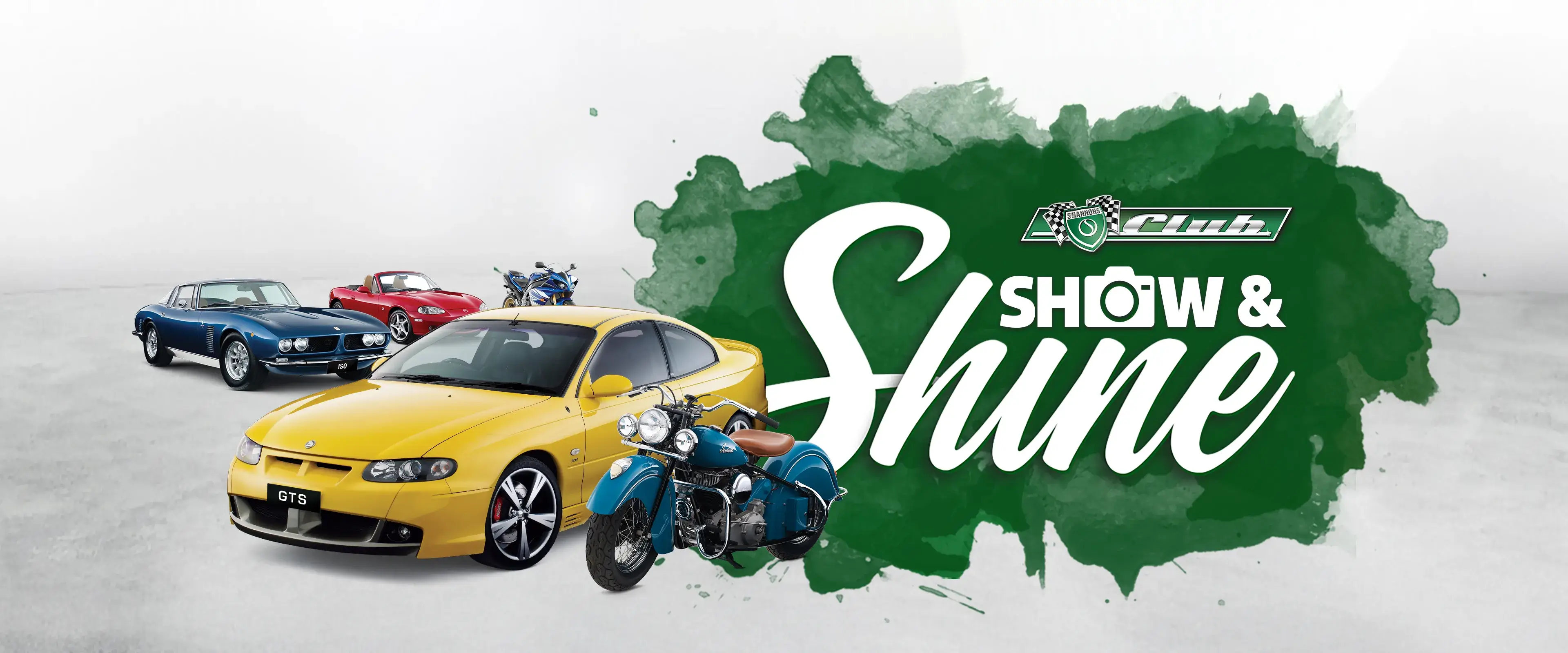Shannons Club Online Show and Shine Competition artwork, featuring classic cars and a motorcycle alongside the campaign logo.