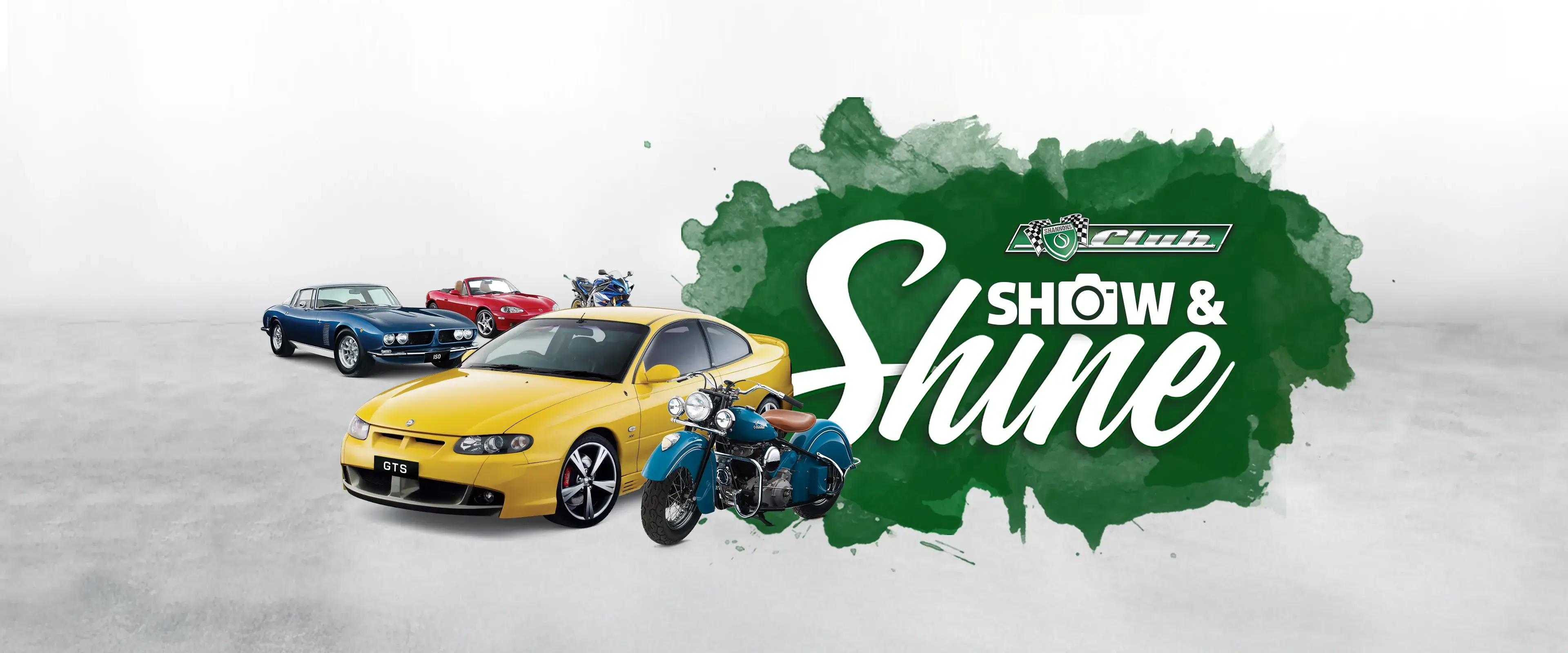 Shannons Club Online Show and Shine Competition artwork, featuring classic cars and a motorcycle alongside the campaign logo.