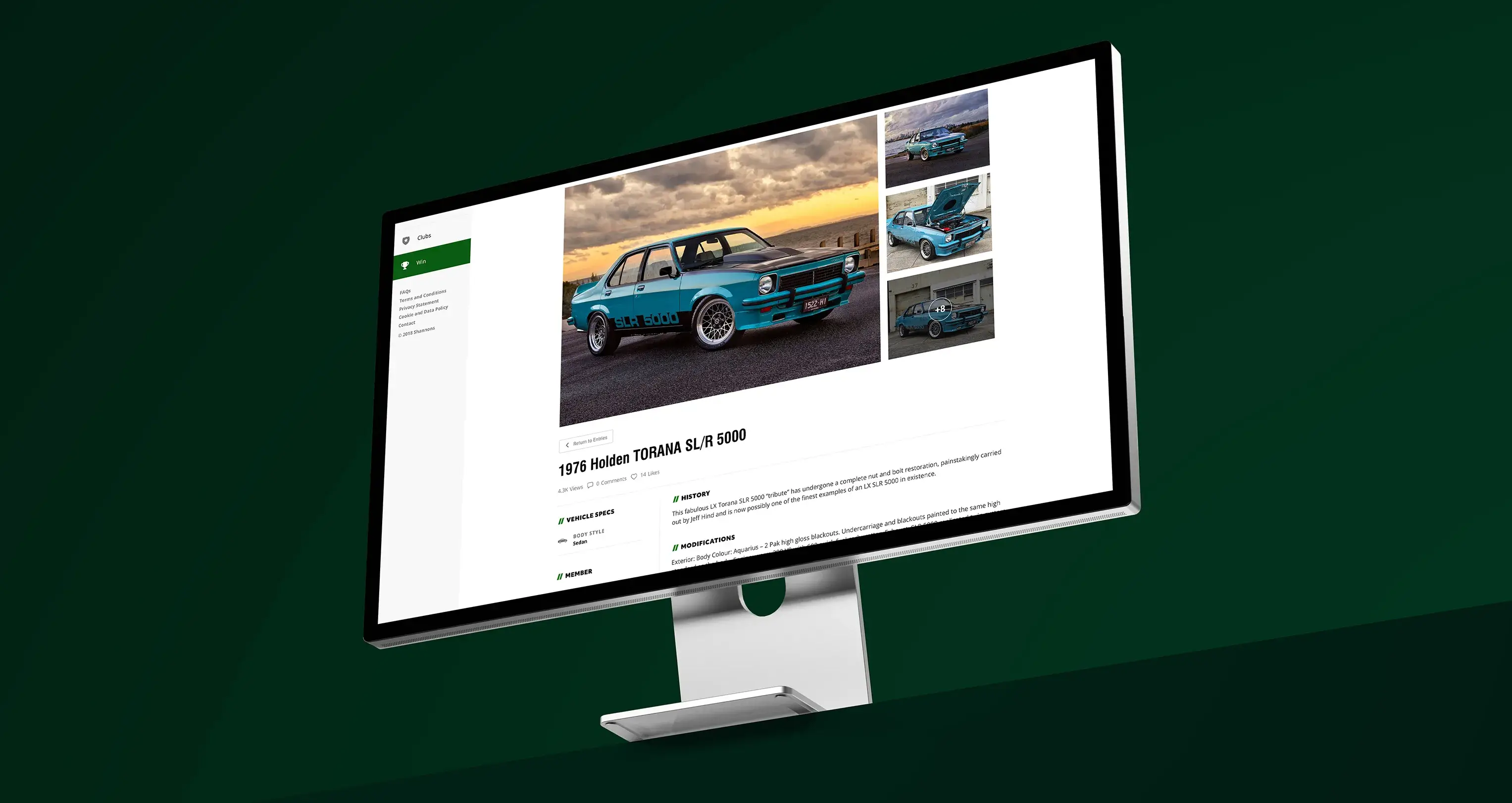 Desktop display of a 1976 Holden Torana SL/R 5000 entry page in the Shannons Club Online Show and Shine Competition.