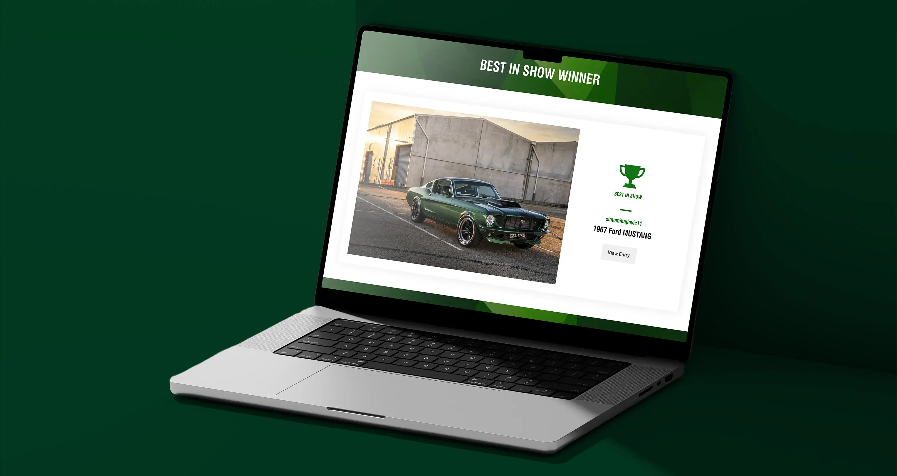 Laptop screen showing Best in Show winner, a 1967 Ford Mustang, from the Shannons Club Online Show and Shine Competition.