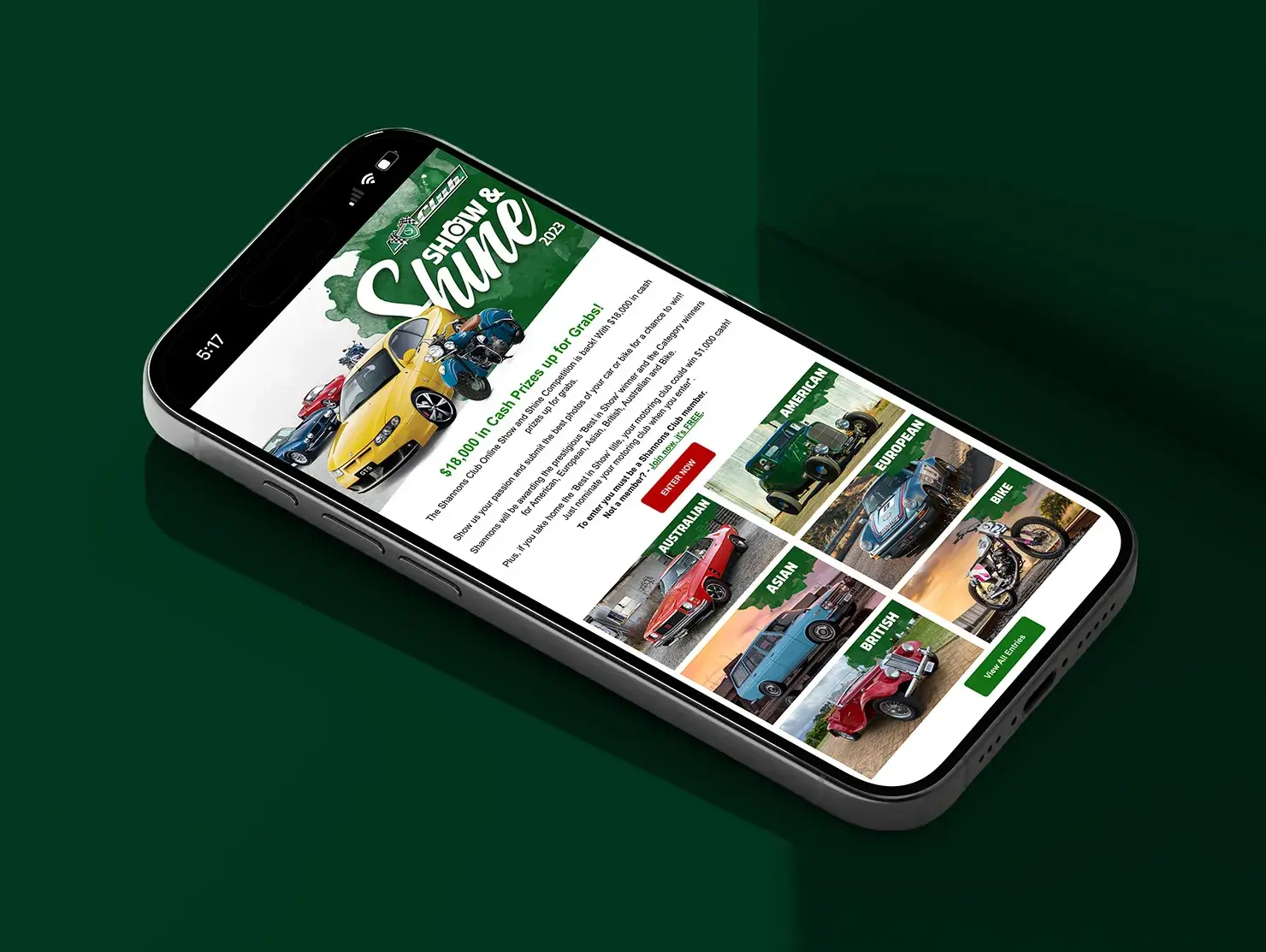 Mobile EDM design promoting the Shannons Club Online Show and Shine Competition with vehicle category options.