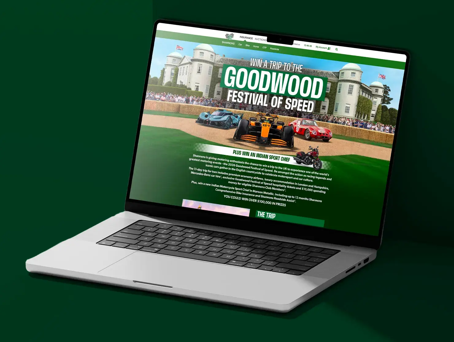 Shannons Goodwood Festival of Speed competition landing page displayed on a laptop screen.