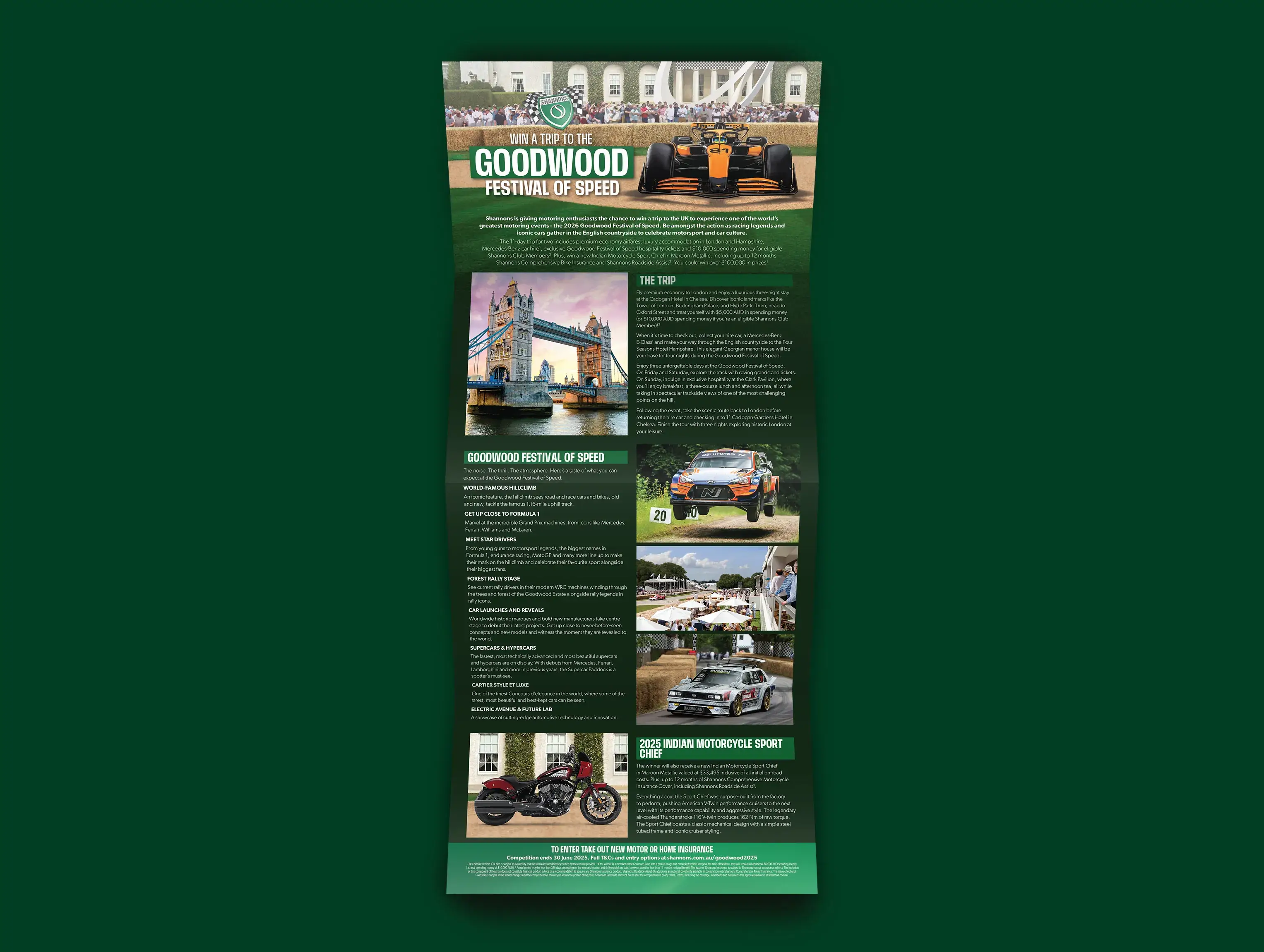 Shannons Goodwood Festival of Speed direct mail flyer featuring event highlights and competition details.