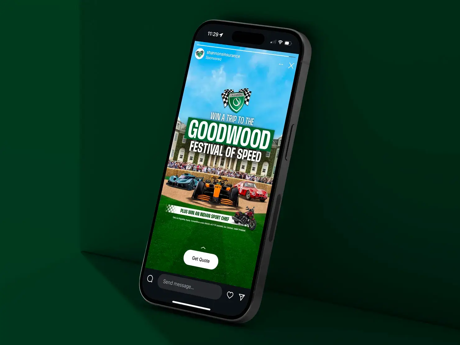 Shannons Instagram Story promoting the Goodwood Festival of Speed competition on a mobile screen.