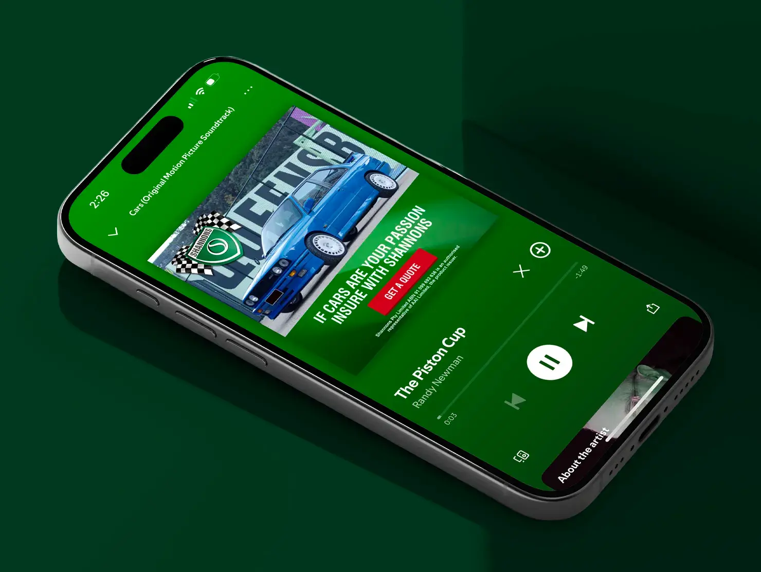 Phone displaying a Spotify ad with a blue BMW and the Shannons 'Share the Passion' message, targeting younger audiences through digital music platforms.