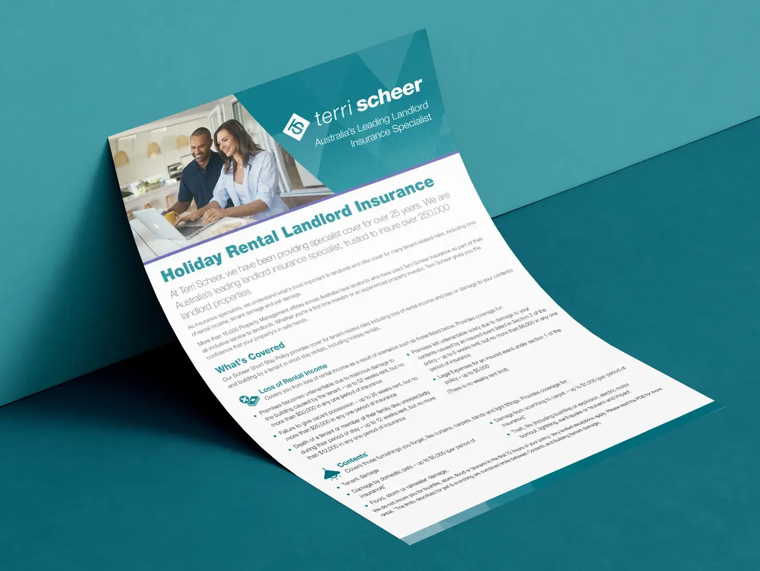 Terri Scheer Holiday Rental Landlord Insurance flyer on teal background, featuring coverage details and branding.