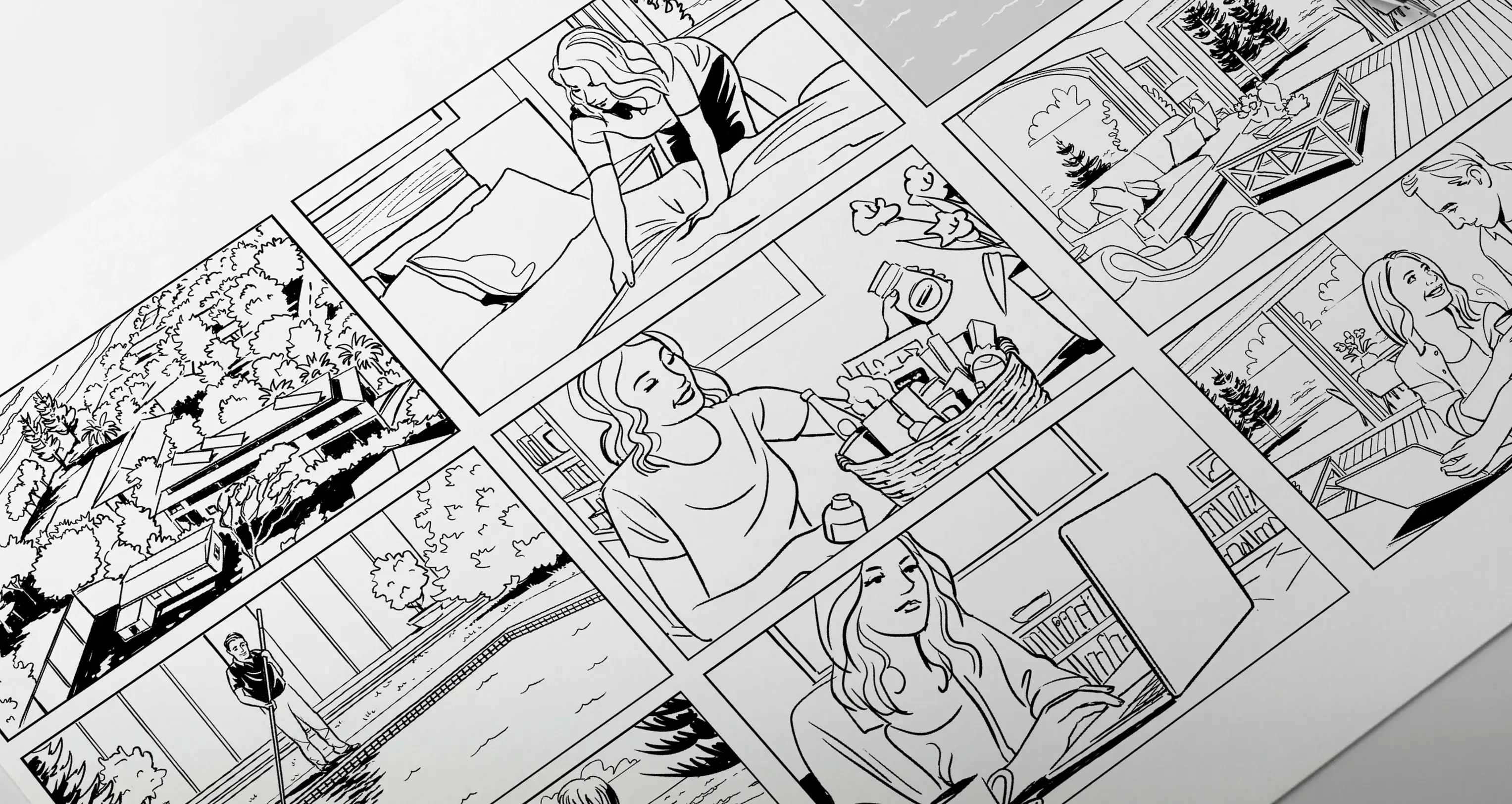 Black-and-white storyboard illustrations showing holiday rental preparation, guests arriving, and property care, created for Terri Scheer campaign.