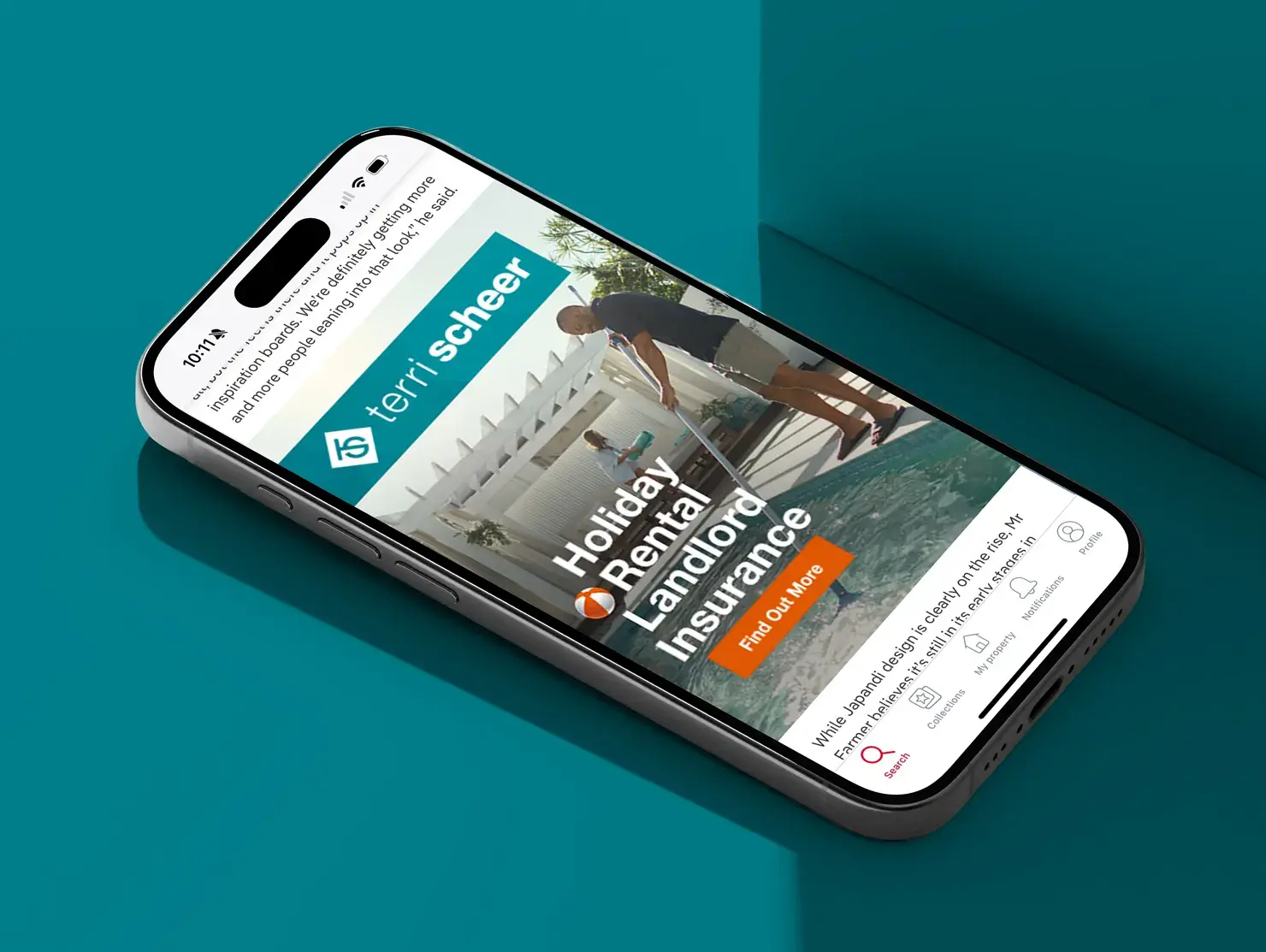 Mobile phone displaying Terri Scheer Holiday Rental Landlord Insurance interscroller ad.