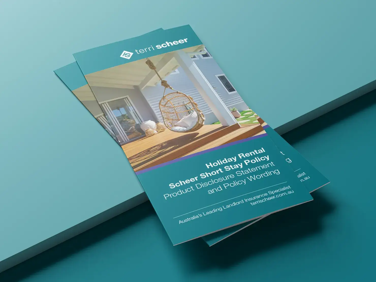 Terri Scheer Holiday Rental Policy brochures on teal background, showing product disclosure and policy wording.