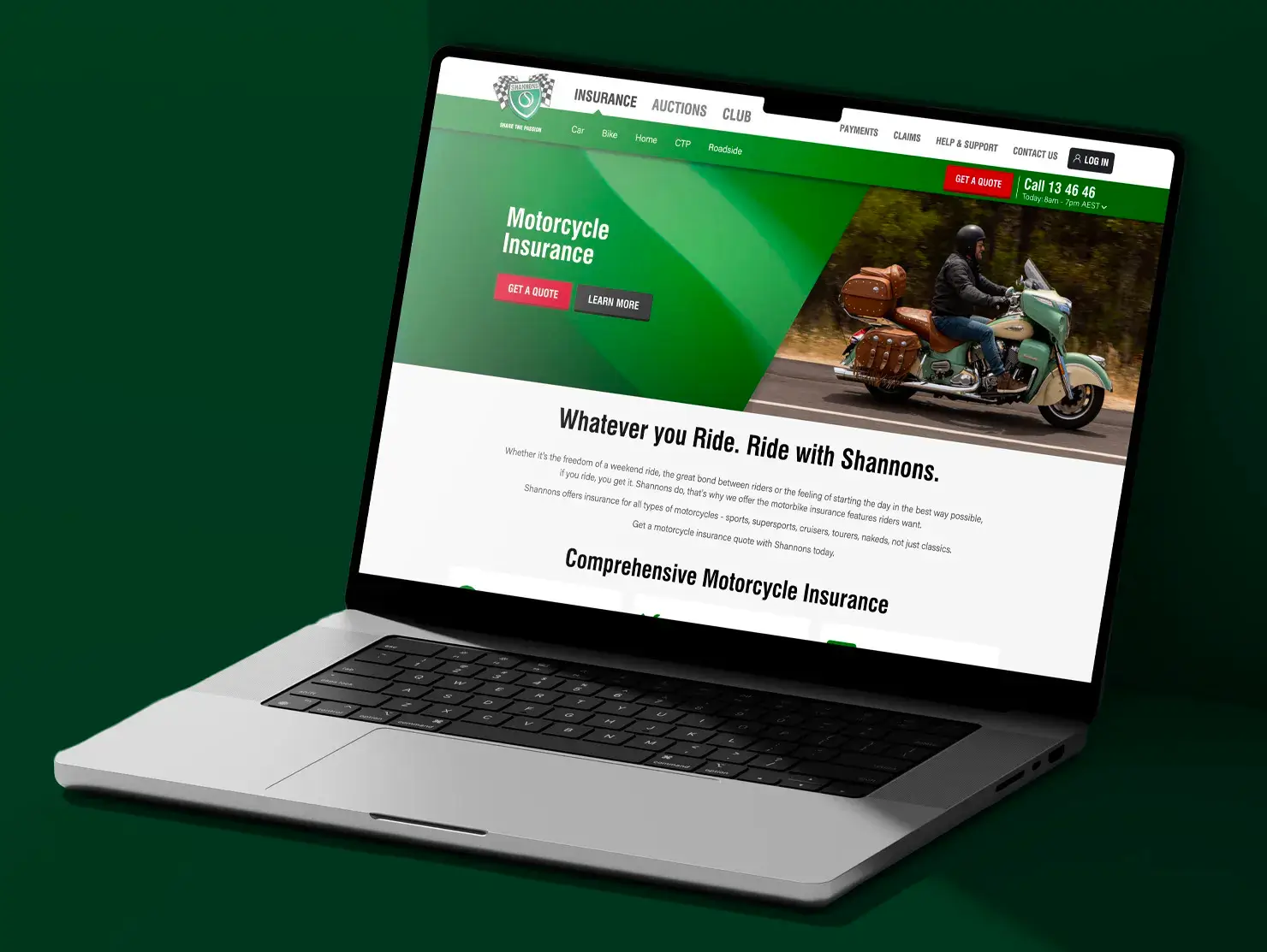 Laptop displaying the Shannons Motorcycle Insurance website with the headline “Whatever you Ride. Ride with Shannons” alongside an image of a rider on a touring bike, created for the Shannons Bike Insurance campaign.