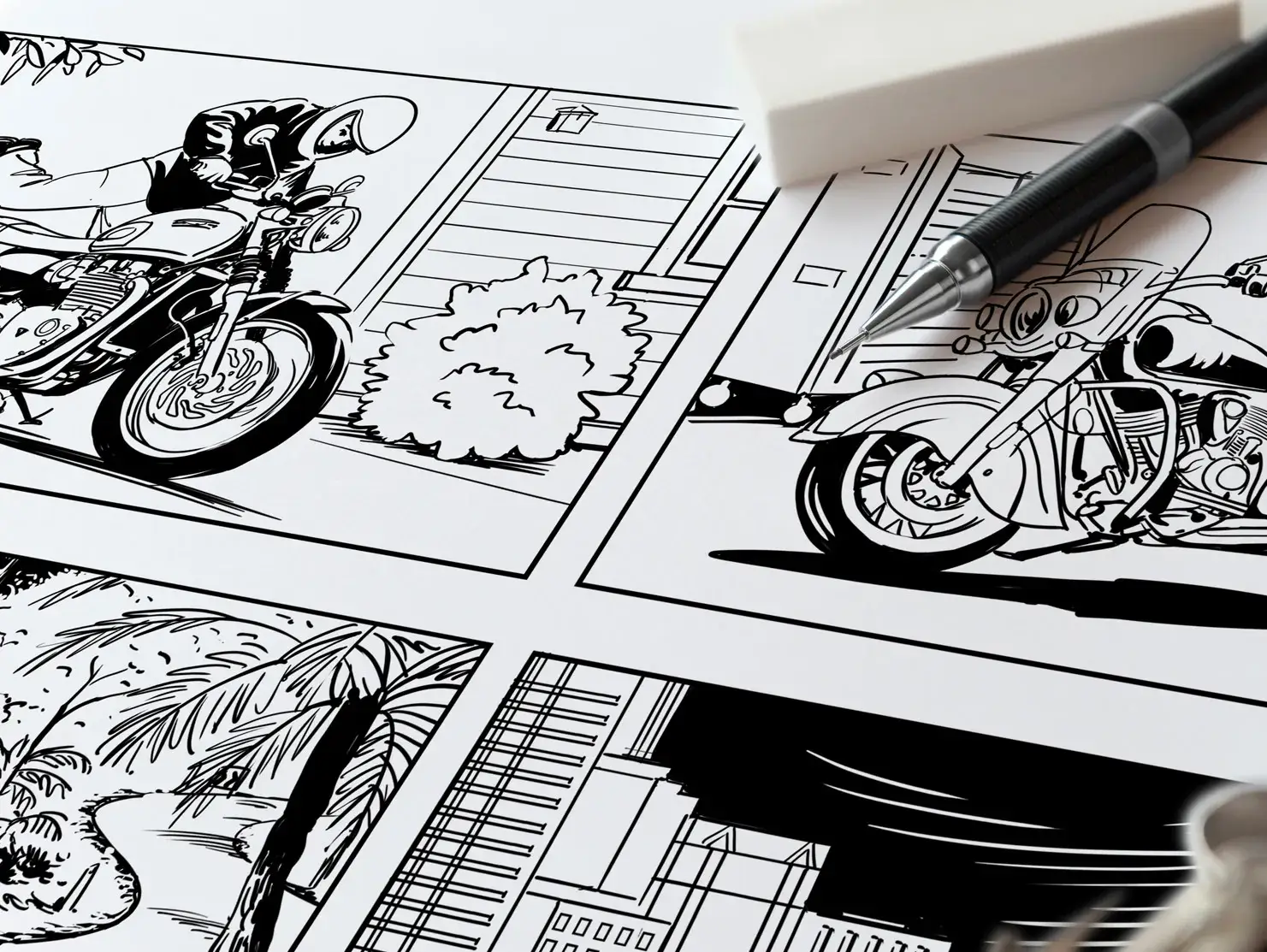 Illustrated storyboard panels showing different motorcycle scenes, used in the creative development of the Shannons Bike Insurance campaign.