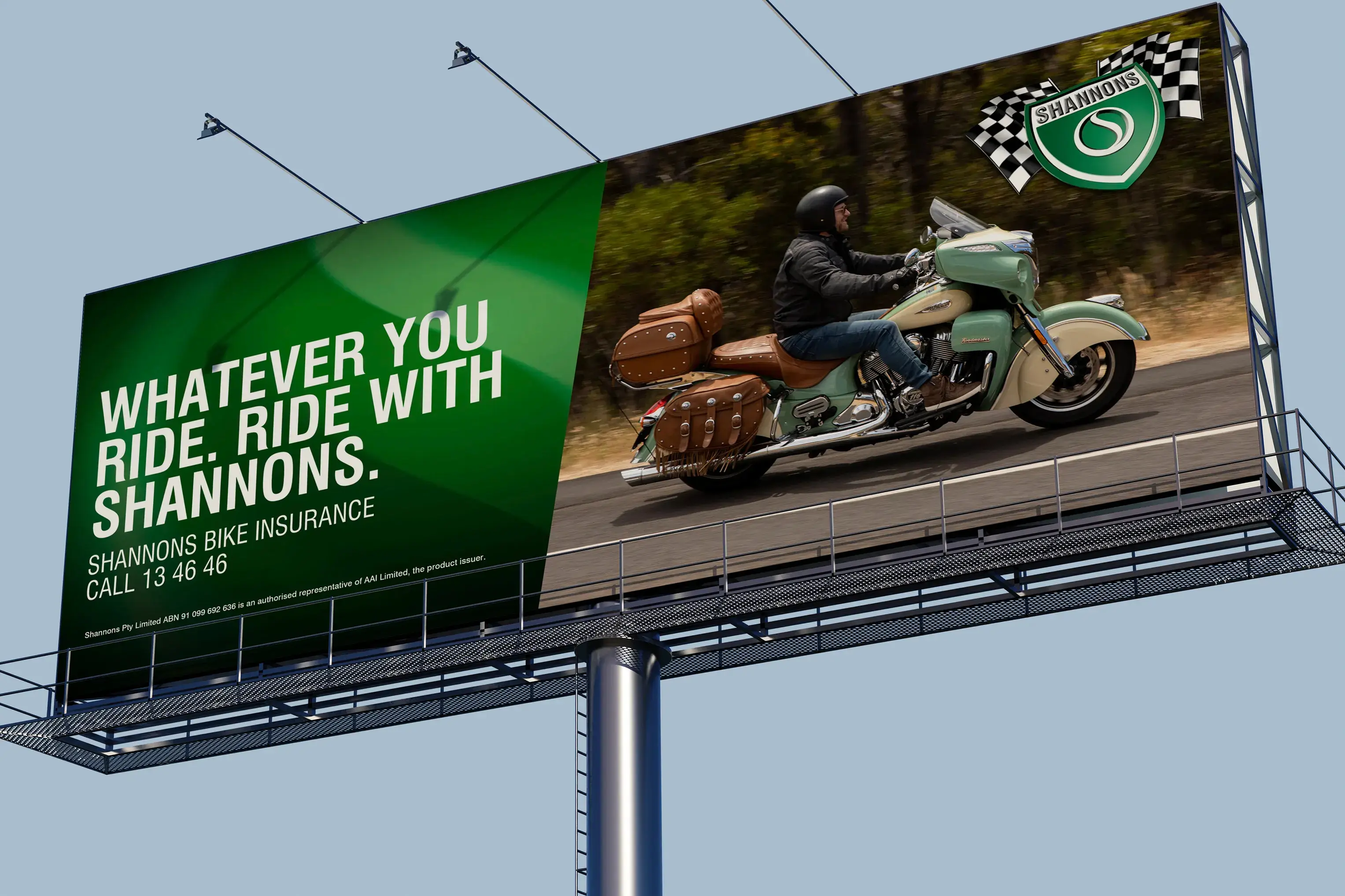 Large roadside billboard promoting Shannons Bike Insurance with the tagline “Whatever you ride. Ride with Shannons” and an image of a rider on a touring motorcycle.