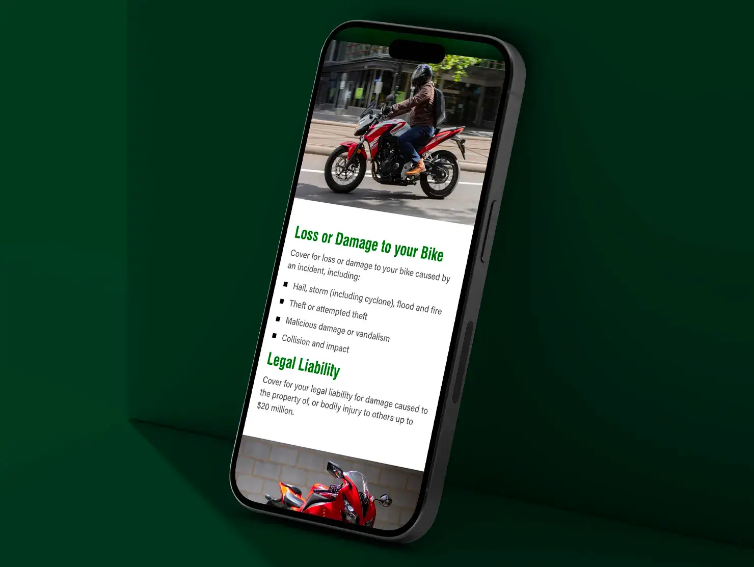 Mobile webpage for the Shannons Bike Insurance campaign, featuring a commuter rider on a red Honda bike above key policy benefits.