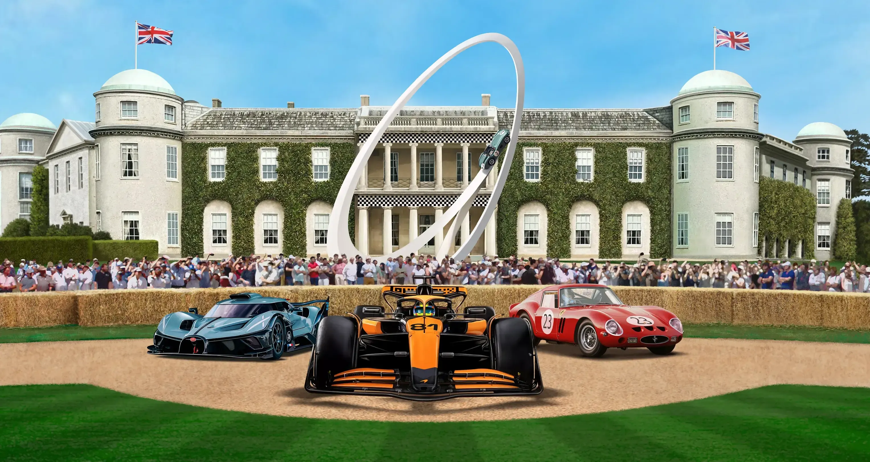 Shannons Goodwood Festival of Speed campaign hero image featuring McLaren F1 car, Bugatti, and Ferrari in front of Goodwood House.