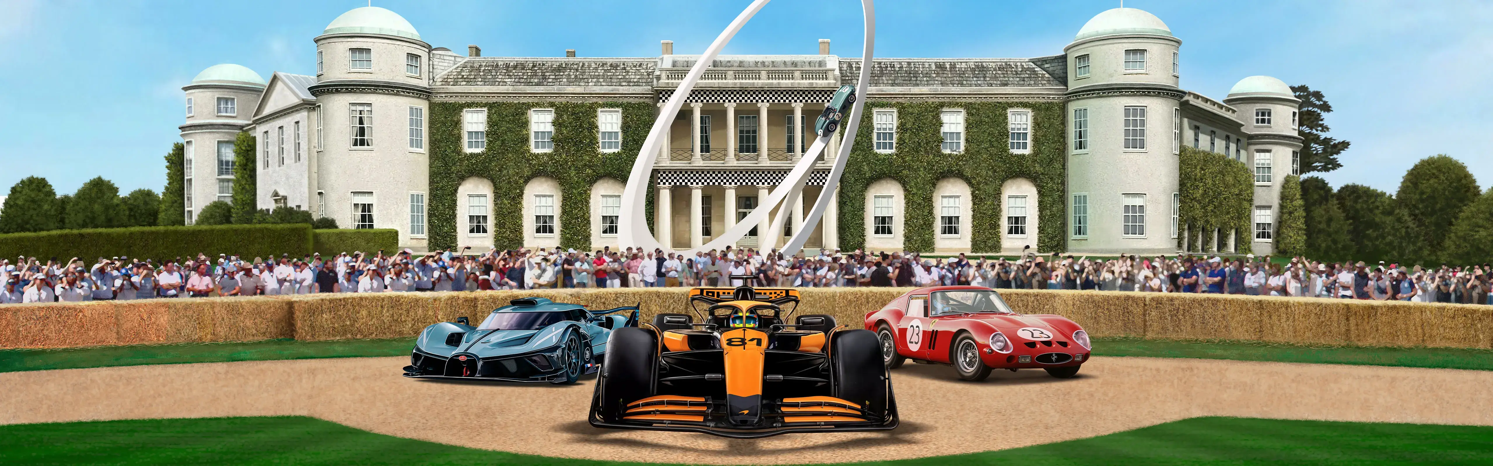 Shannons Goodwood Festival of Speed campaign hero image featuring McLaren F1 car, Bugatti, and Ferrari in front of Goodwood House.