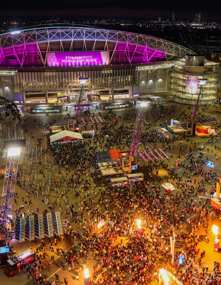 A general view of the precinct as fans arrive ahead of the FIFA Women's World Cup Australia & New Zealand 2023 Final match between Spain and England at Stadium Australia