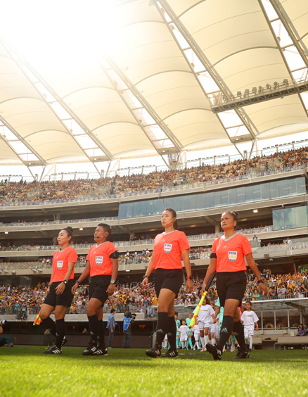 Philippines and Australia Matildas walk onto the pitch during the AFC Women's Asian Olympic Qualifier match between Philippines and Australia Matildas at Optus Stadium on October 29, 2023 in Perth, Australia.