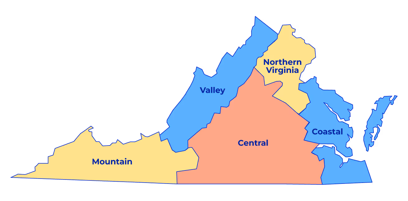 A map depicting Virginia's regions