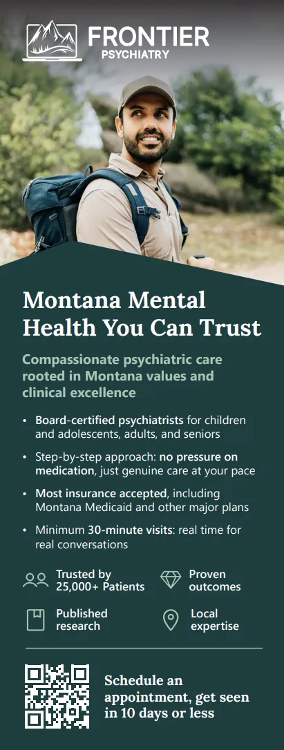 A screenshot of an info-packed branded modern display ad set for Frontier Psychiatry