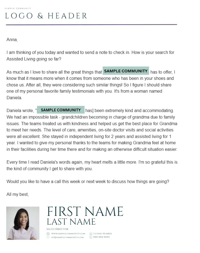 A screenshot of a senior living email campaign designed to look like plain text.