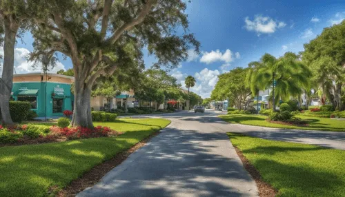 A charming suburban street with lush green trees, and colorful flowers lining the sides. Small shops and storefronts are visible along the road. A car is driving down the sunlit street under a bright blue sky with scattered white clouds.