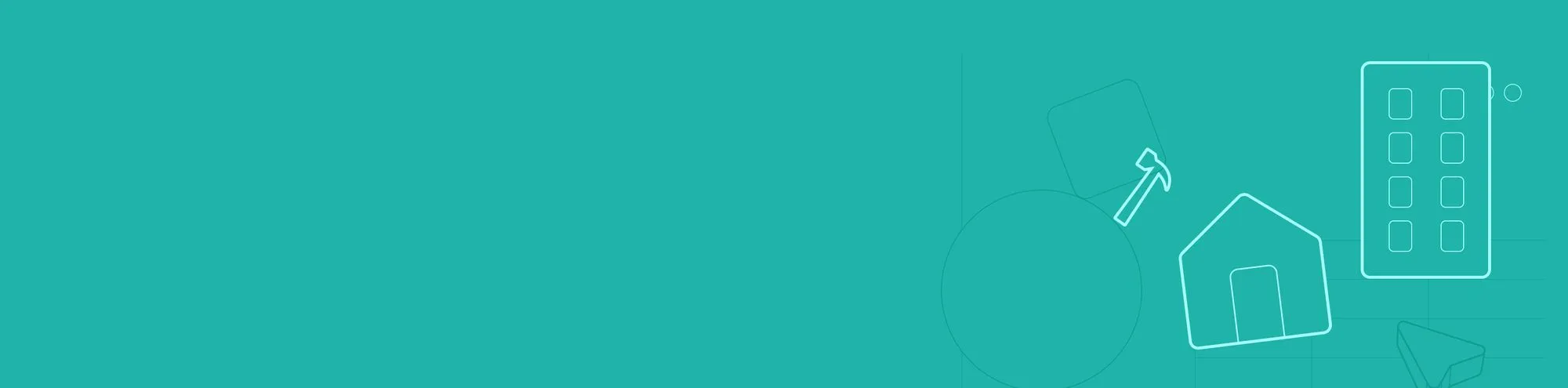 A teal background with minimalistic white outlines of geometric shapes, a house, a hammer, and a building on the right side signifies PMB Property Improvements.