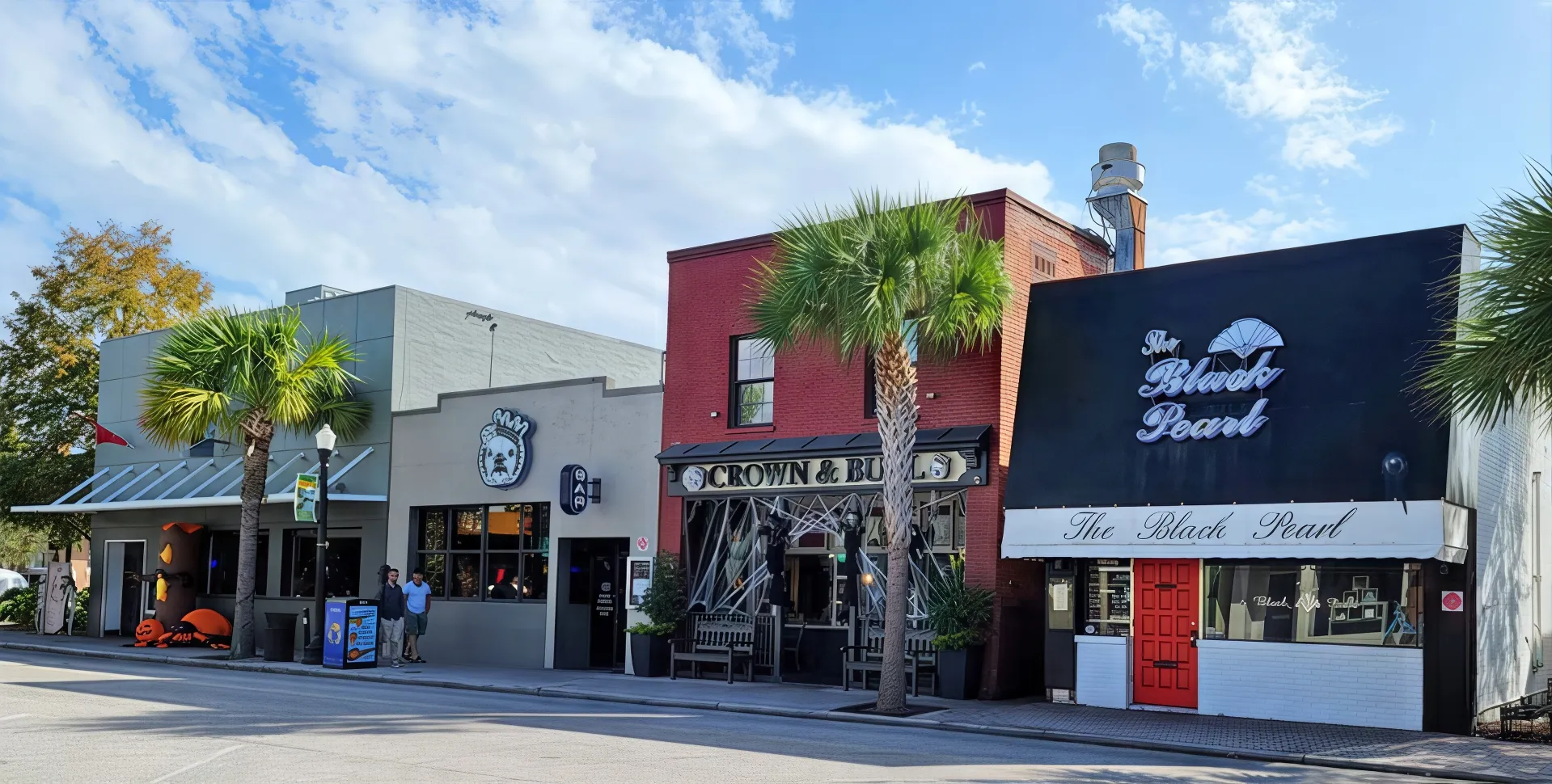 A street view of three adjacent buildings in Dunedin. The leftmost building is gray with a business sign displaying a bear. The middle building is red. The rightmost building is black with a white sign that reads "The Black Pearl." A palm tree stands in front, adding to the charm.