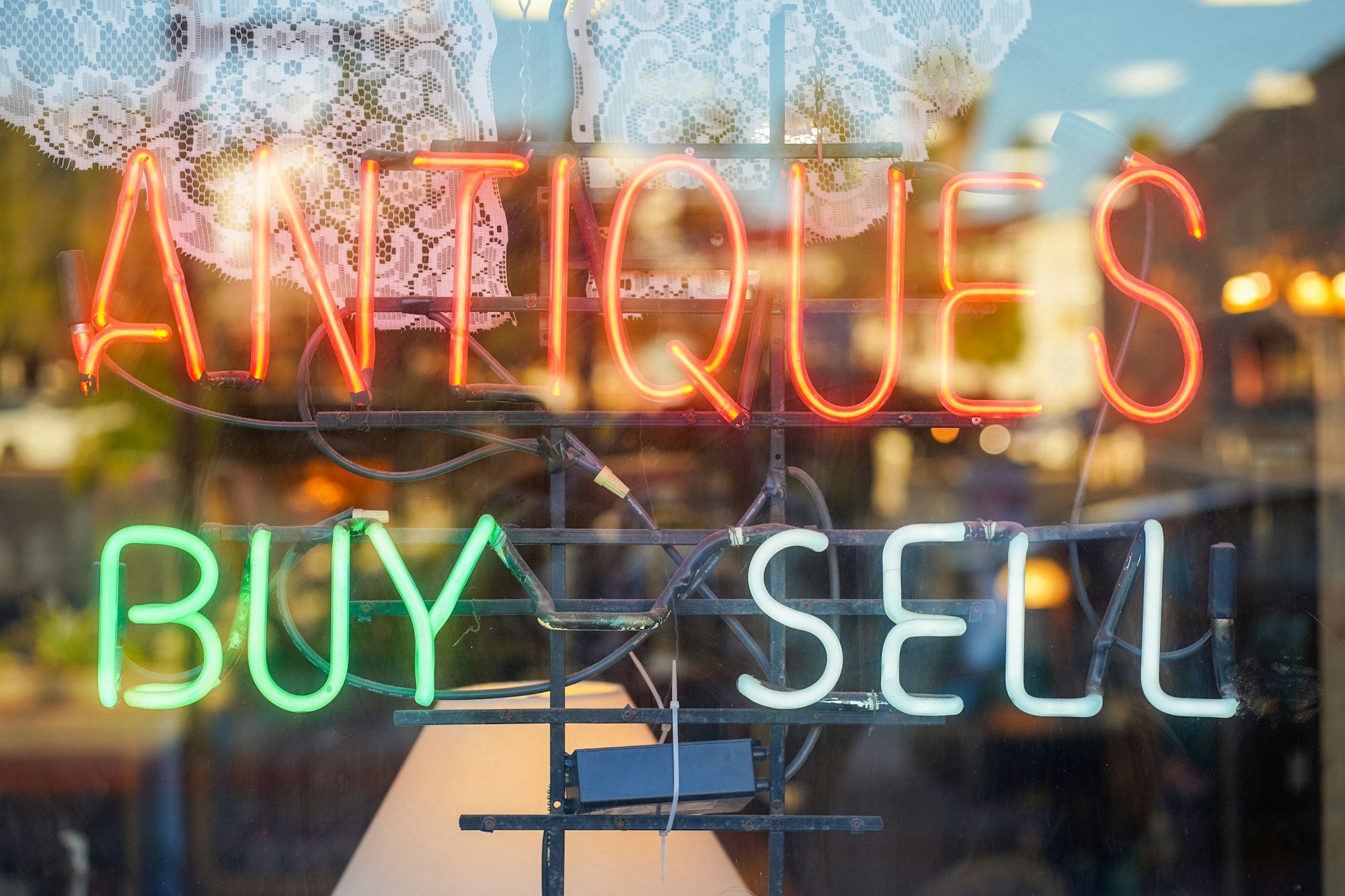 Antiques / small-town shopping — antique shelves