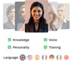 AI assistant profile options with highlighted female avatar and language selections.