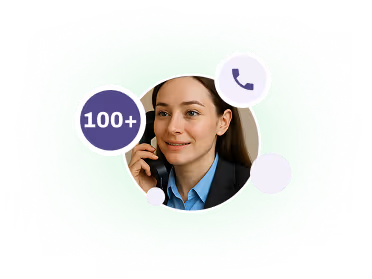 Businesswoman on a phone call with graphic elements showing 100+ calls and a phone icon.