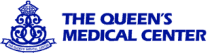 White text 'Queen's Medical Center' on a solid dark blue background.