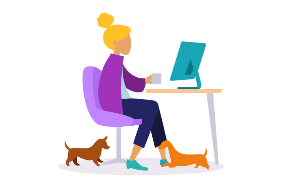 Colorful flat illustration of a woman working remotely with coffee and two small dogs, representing online Spanish classes at Gringo Language Academy.