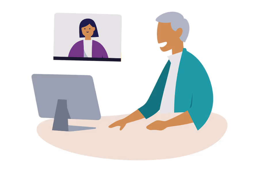 Colorful drawing of an older man chatting online with a woman, highlighting the interactive, conversation-based learning offered through Gringo Language Academy memberships.