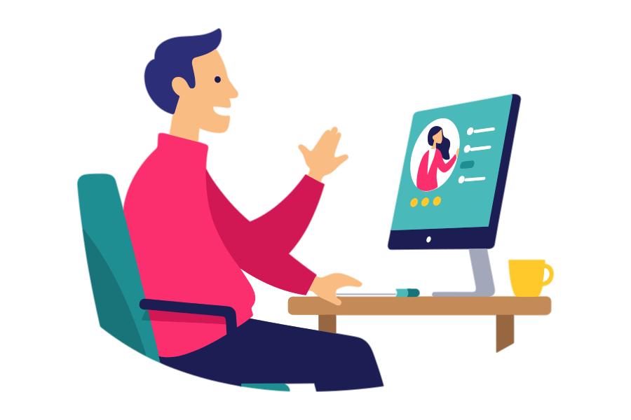 Bright, playful drawing of a young man in a video call with a woman—highlighting personalized coaching and support through Gringo Language Academy.