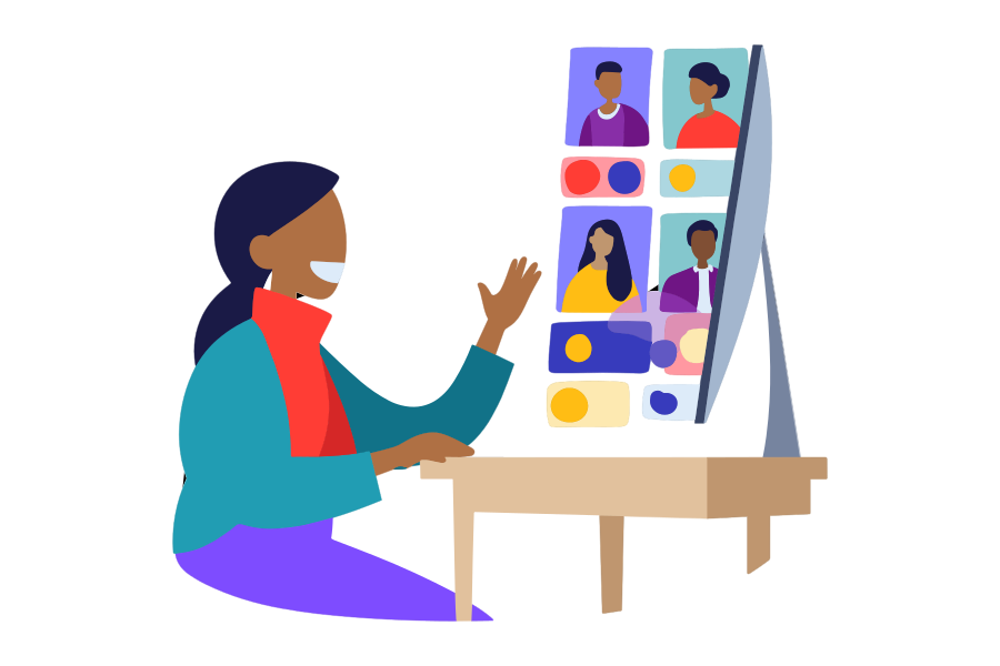 Illustration of a young woman participating in a video call with several students, representing the online small-group Spanish classes at Gringo Language Academy.
