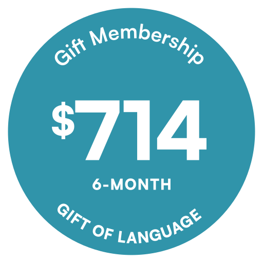 Decorative badge advertising Gift of Language | Six months for $714